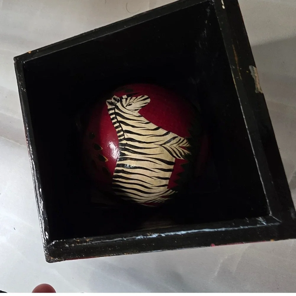 Hand Painted Zebra Wooden Trinket Box and Matching Egg‎ Ornament Set Folk Art S3